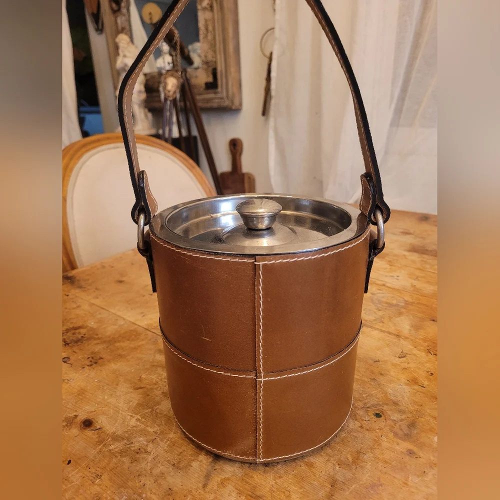 Pottery Barn Brown Leather Ice Bucket with Handle